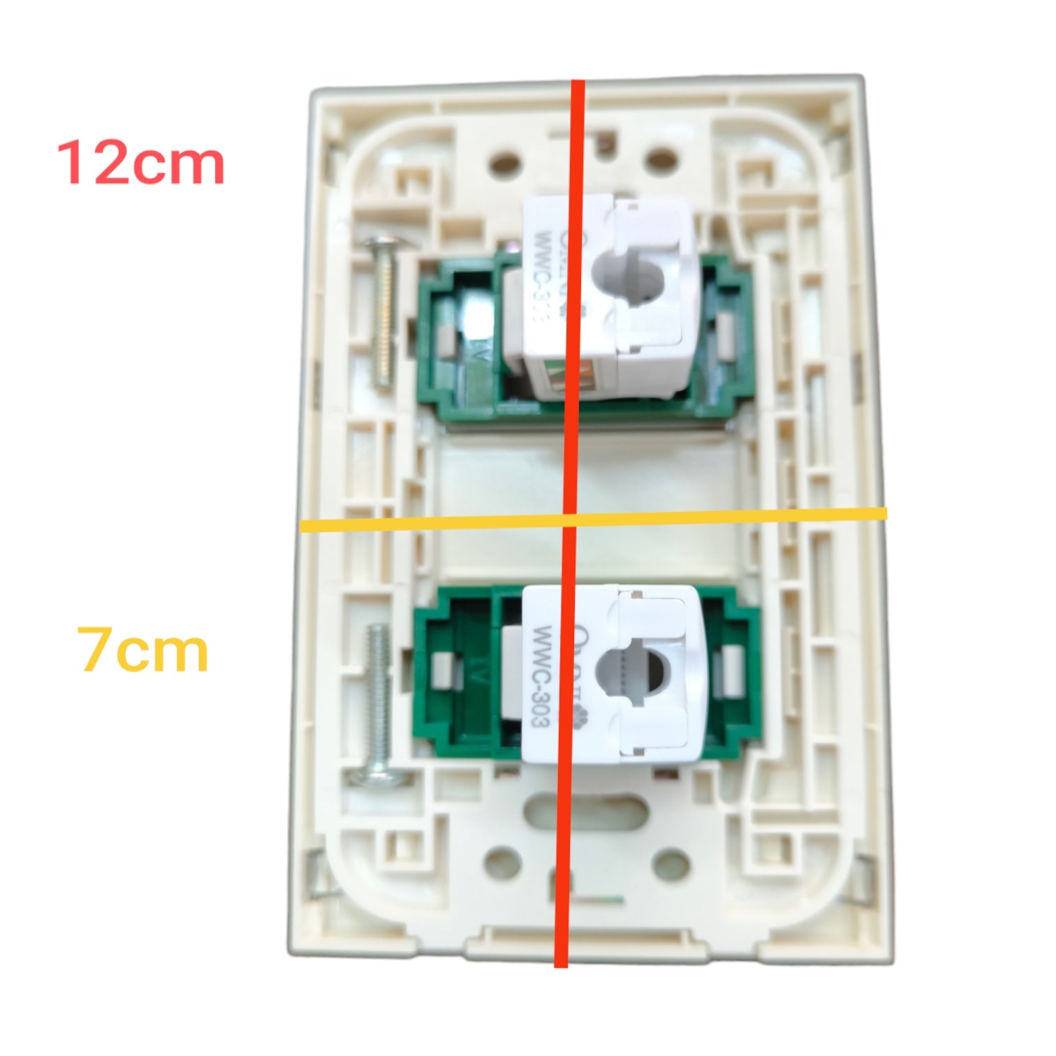 A wall switch panel backplate shown on a white background with overlaid dimension labels: 12cm vertically and 7cm horizontally, plus red and yellow measurement lines crossing the product.