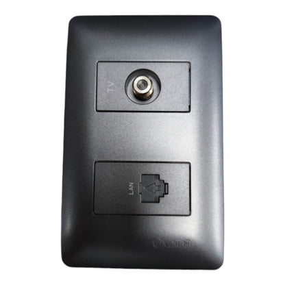 Black wall-mounted electrical outlet cover plate with integrated TV and LAN jack sockets, shown against a plain white background.