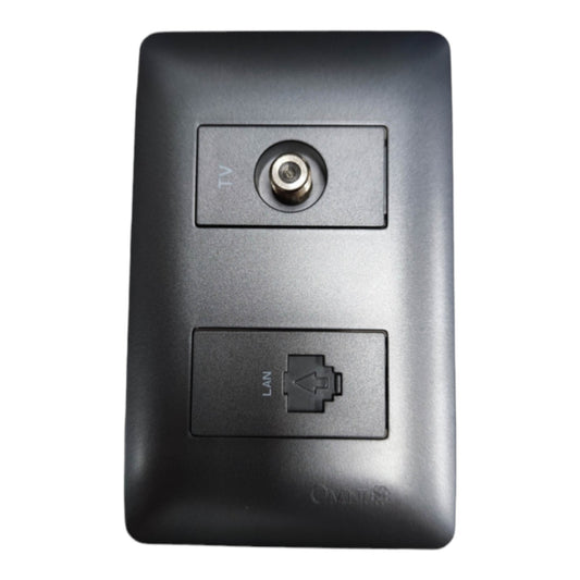 Black wall-mounted electrical outlet cover plate with integrated TV and LAN jack sockets, shown against a plain white background.
