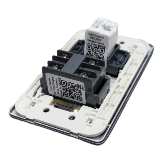 An open smart light switch module showing internal components, including a white relay module, a black electronic module with a QR code label, and a silver metal backplate, on a white background.