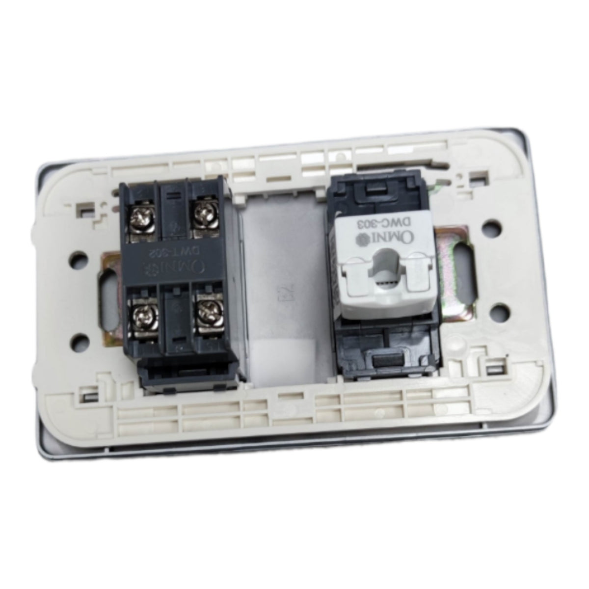 An Omni DWC-203 smart switch module shown from the back, revealing the internal terminal blocks and plastic housing against a white background.