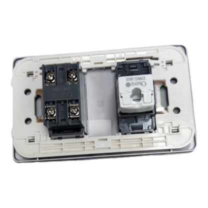 An Omni DWC-203 smart switch module shown from the back, revealing the internal terminal blocks and plastic housing against a white background.