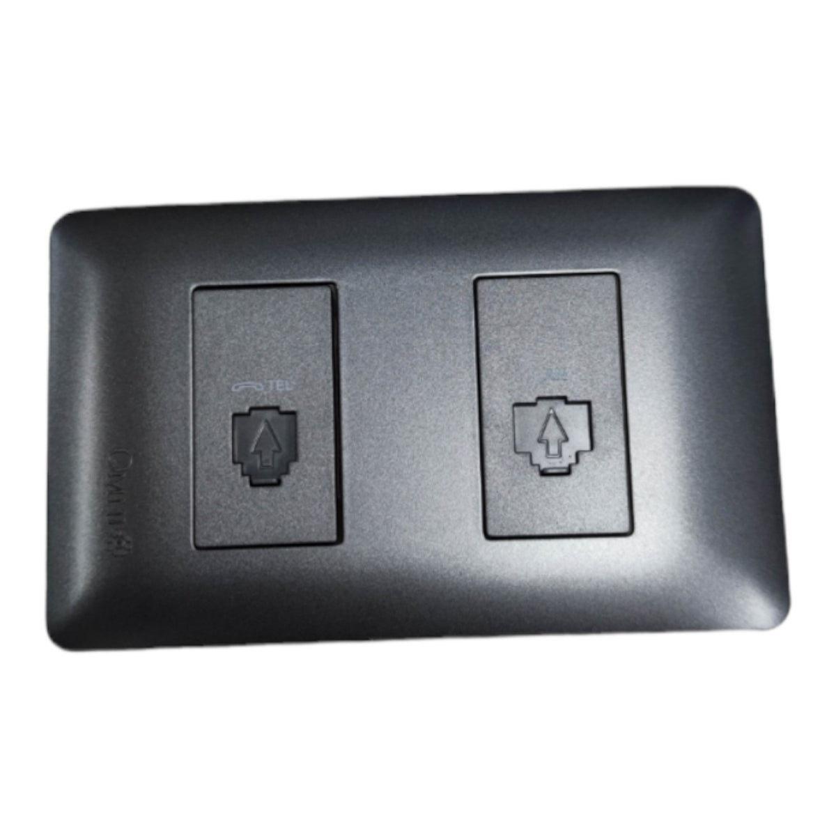 A black dual RJ45 network wall plate with two modular patch panel connectors, shown on a plain white background.