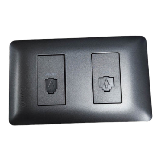A black dual RJ45 network wall plate with two modular patch panel connectors, shown on a plain white background.