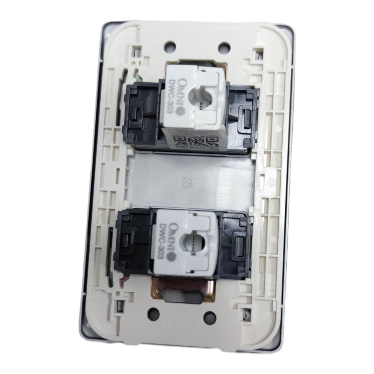 An open double-gang light switch plate backplate showing two DMC-508 switch modules and Omnipred 200 contact blocks, isolated on a white background.