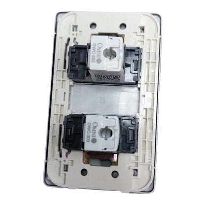 An open double-gang light switch plate backplate showing two DMC-508 switch modules and Omnipred 200 contact blocks, isolated on a white background.