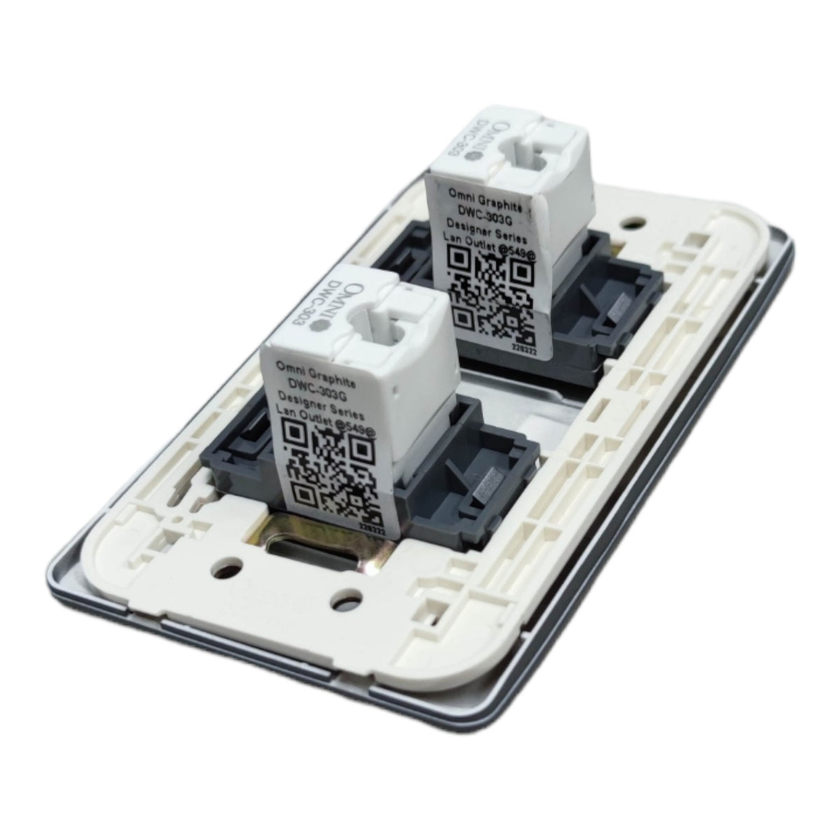 Two Gemi-Graphix DHC-5000 smart switch modules installed on a white plastic backplate of a double-gang wall switch, shown against a plain white background.