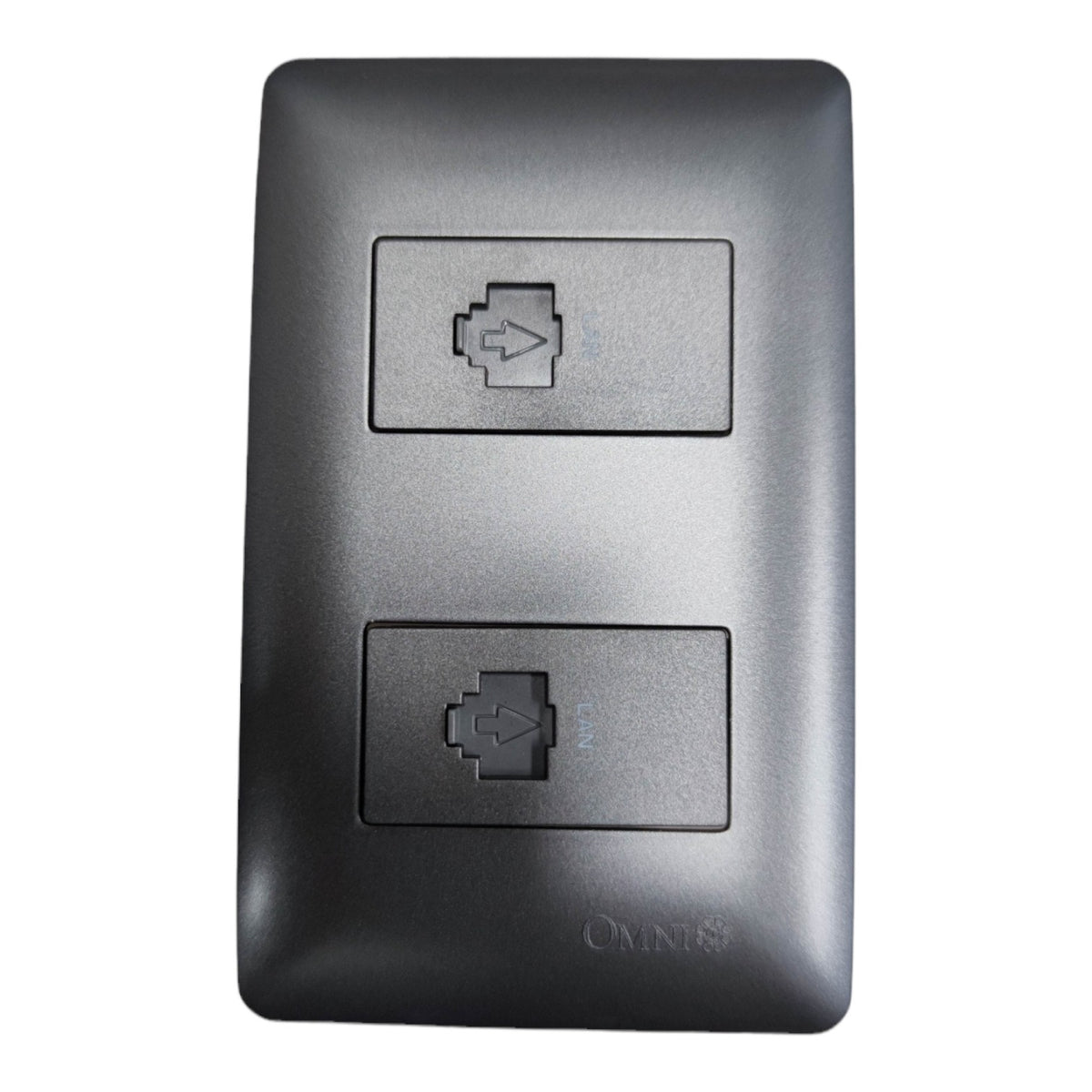 A black Omnilight dual RJ45 network wall switch plate with two modular patch panels, shown on a plain white background.