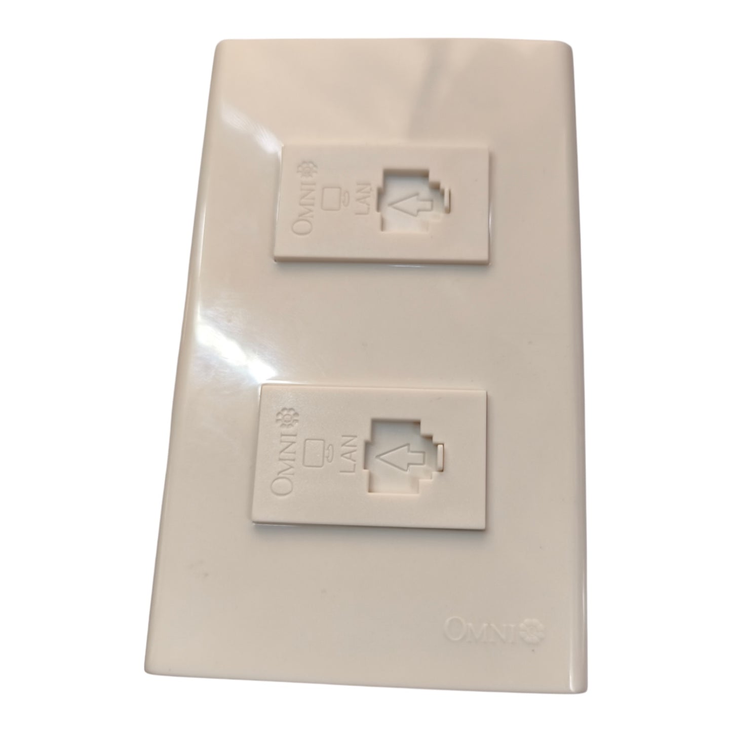 An Omnilife dual RJ45 network wall plate in a warm off-white plastic, featuring two labeled ports (LAN and 100M).
