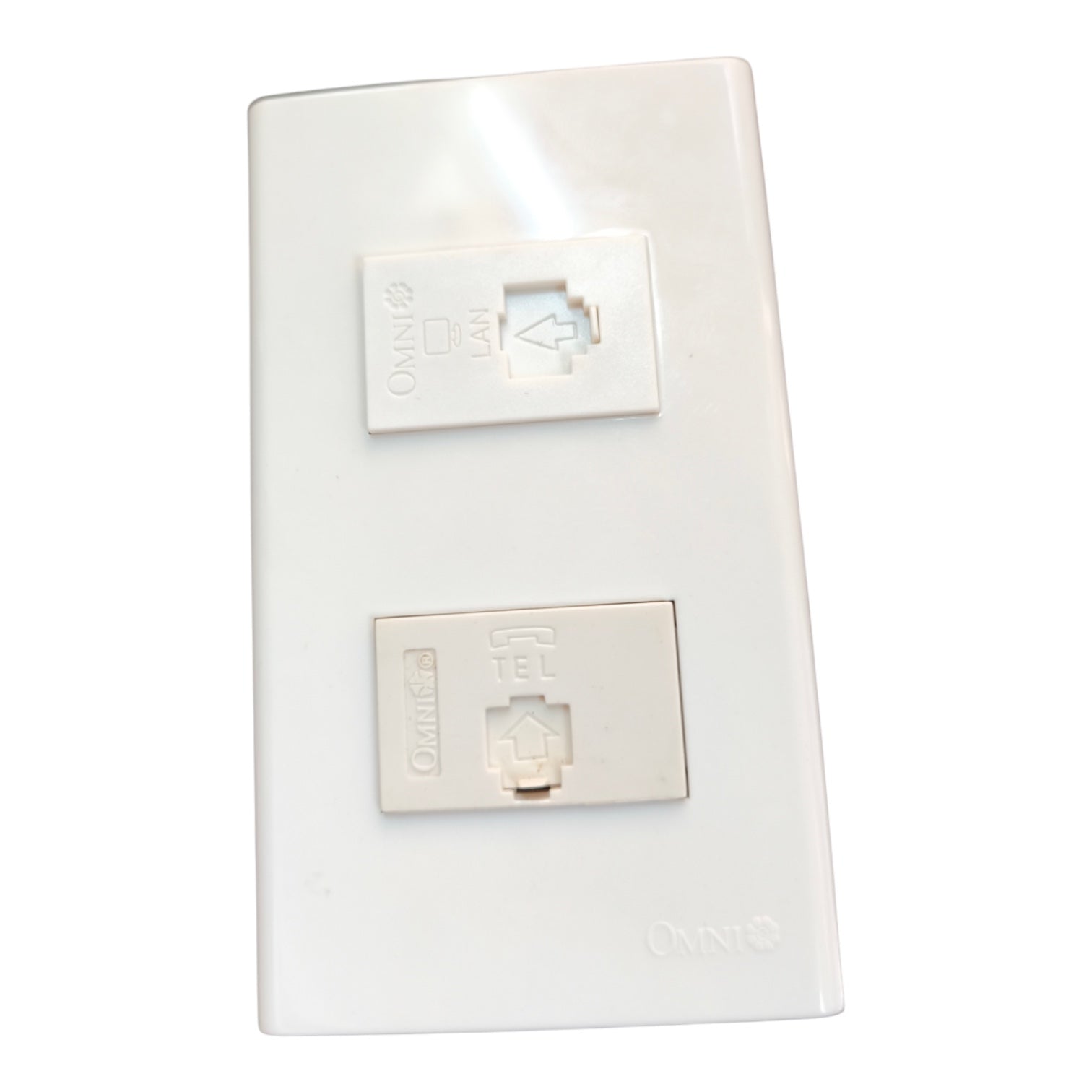 White Omnet dual RJ45 network wall outlet plate on a white background.