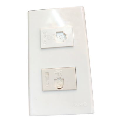 White Omnet dual RJ45 network wall outlet plate on a white background.