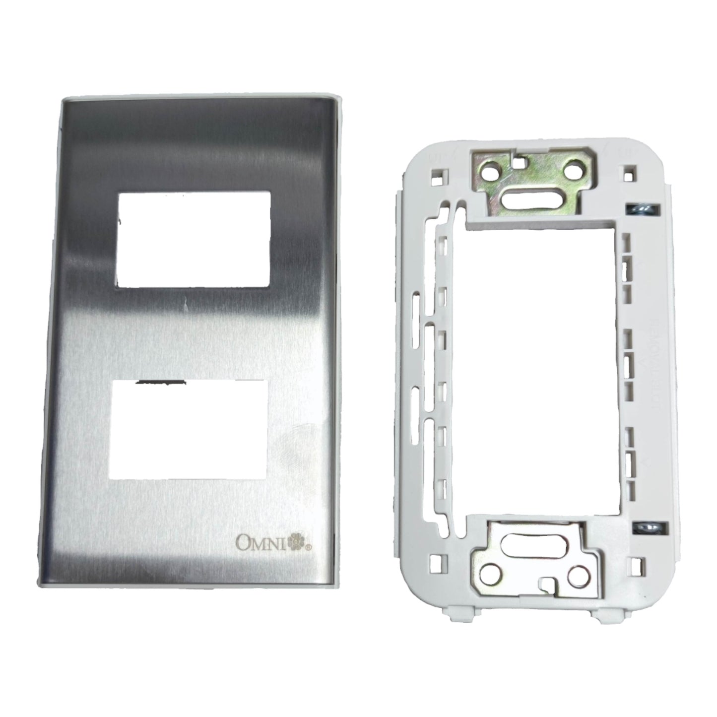 An Omni brand dual-gang wall plate kit showing the brushed stainless steel front cover on the left and the white mounting frame on the right, set against a plain white background.