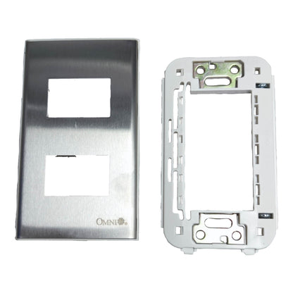 An Omni brand dual-gang wall plate kit showing the brushed stainless steel front cover on the left and the white mounting frame on the right, set against a plain white background.