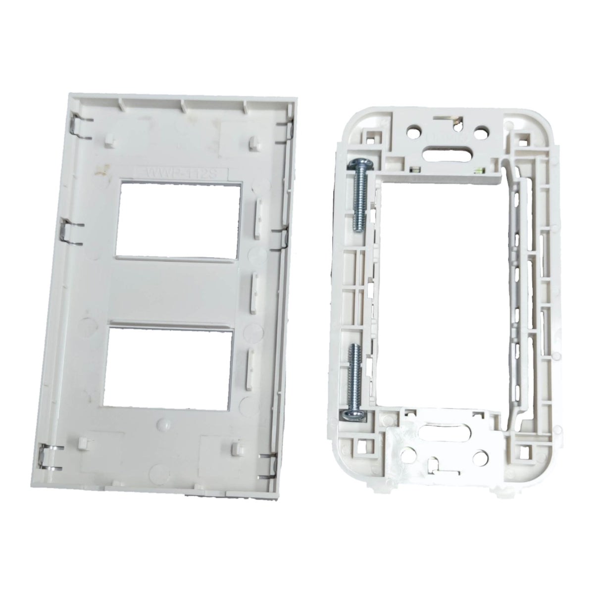 A pair of white plastic double-gang switch panel bases, showing both the front faceplate and the back mounting frame with a screw fastener, on a solid white background.