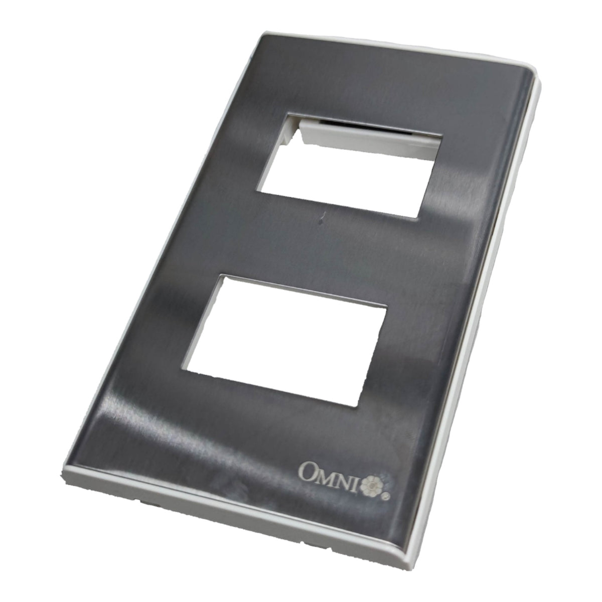 A brushed stainless steel double-gang light switch plate frame with two rectangular cutouts and the 'OMNI' brand logo printed near the bottom right, shown on a plain white background.