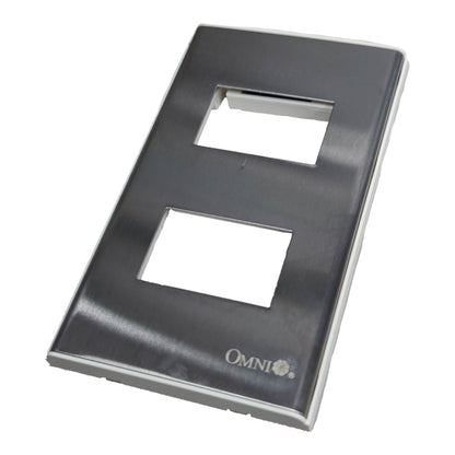 A brushed stainless steel double-gang light switch plate frame with two rectangular cutouts and the 'OMNI' brand logo printed near the bottom right, shown on a plain white background.