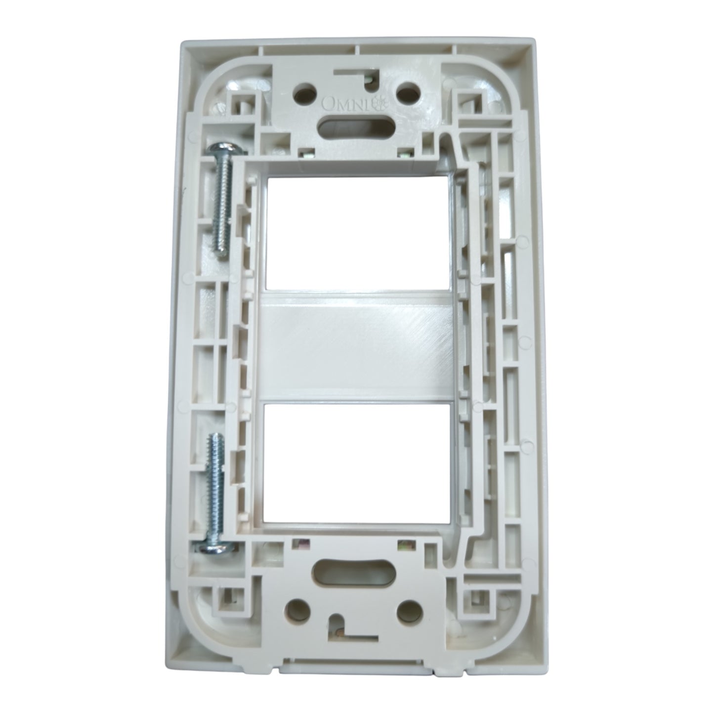White plastic double-gang wall switch socket backplate with two screw holes and two mounting screws, shown on a white background.