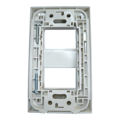 White plastic double-gang wall switch socket backplate with two screw holes and two mounting screws, shown on a white background.