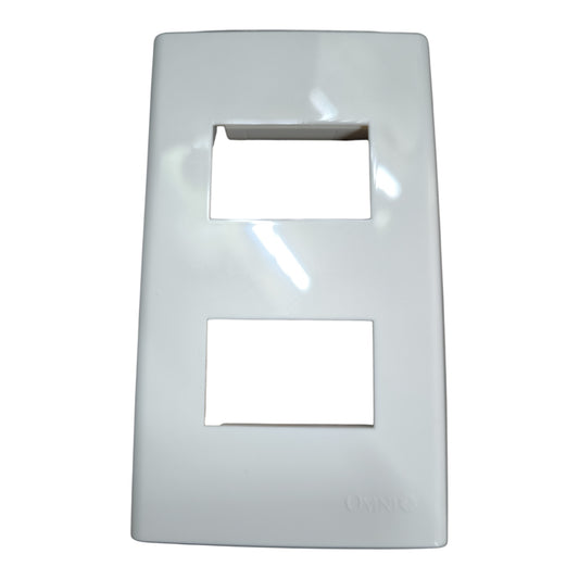 A white Omnio double RJ45 wall plate cover for network jackups, shown against a plain white background.