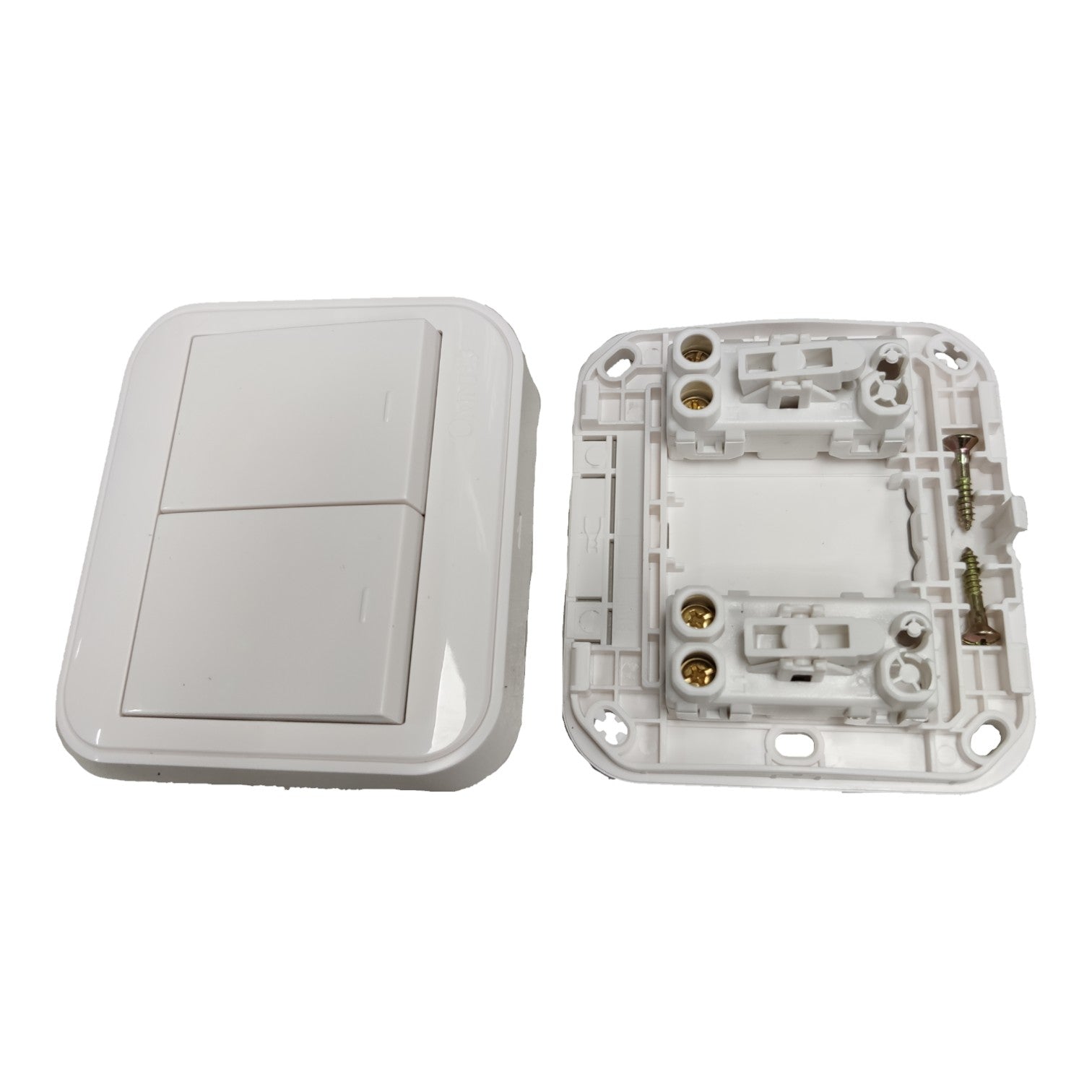 A two-button wall switch plate shown disassembled, with the front cover plate on the left and the internal backplate with screw terminals on the right, photographed on a white background.
