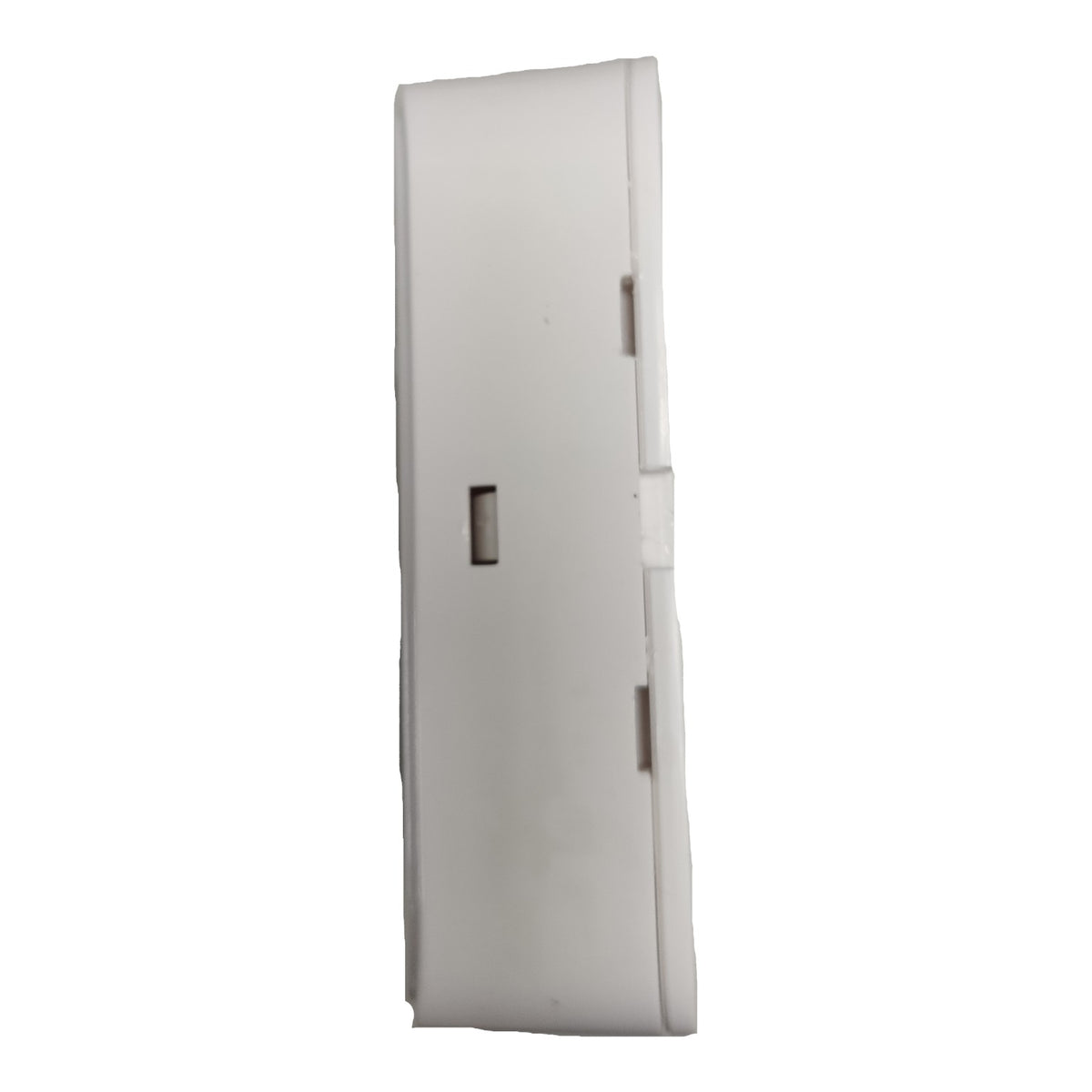 A white plastic wall switch module with a single rectangular toggle button, shown from the side against a plain white background.