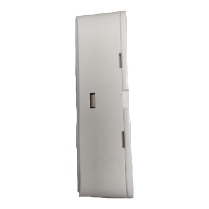 A white plastic wall switch module with a single rectangular toggle button, shown from the side against a plain white background.