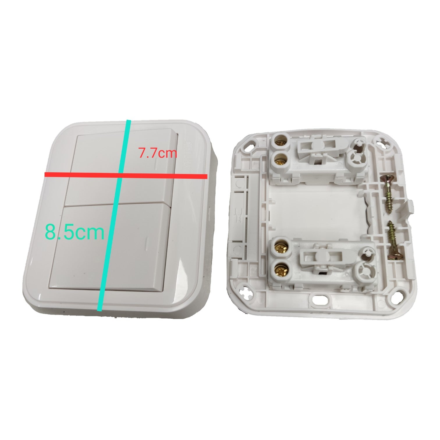 A white double switch plate set shown on a white background, with one side displaying the front and the other the back mounting base. Red and cyan measurement lines and text indicate dimensions of 7.