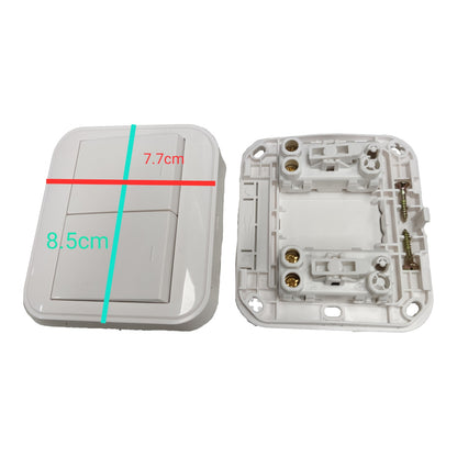A white double switch plate set shown on a white background, with one side displaying the front and the other the back mounting base. Red and cyan measurement lines and text indicate dimensions of 7.