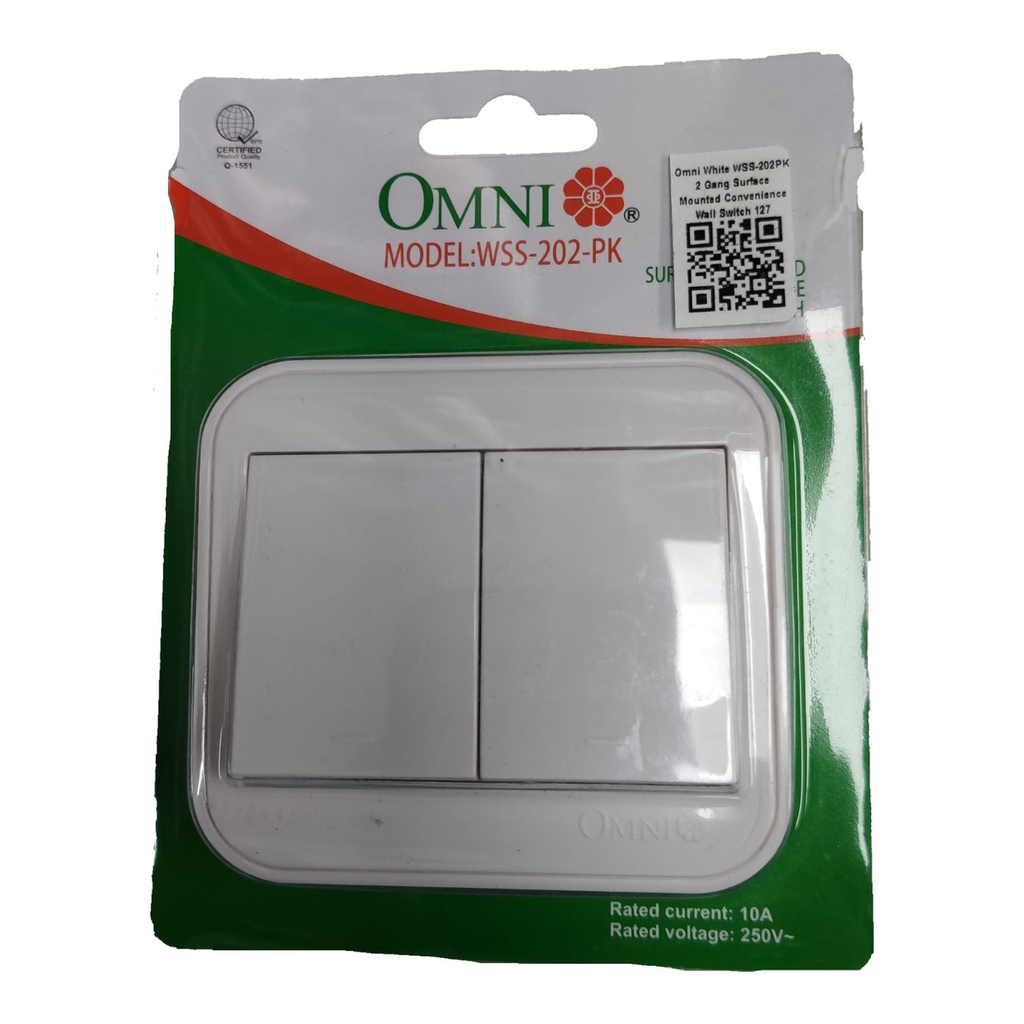 OMNI brand white double switch socket in its original green and white retail packaging, model WSS-202-PK.