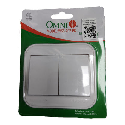 OMNI brand white double switch socket in its original green and white retail packaging, model WSS-202-PK.