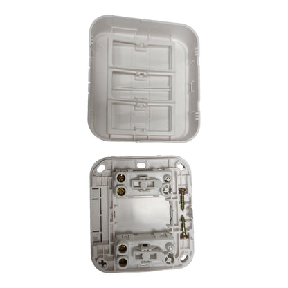 A white plastic electrical outlet cover plate shown in two views: the top view displaying the inner switch slots, and the bottom view showing the backplate with screw terminals and mounting screws.