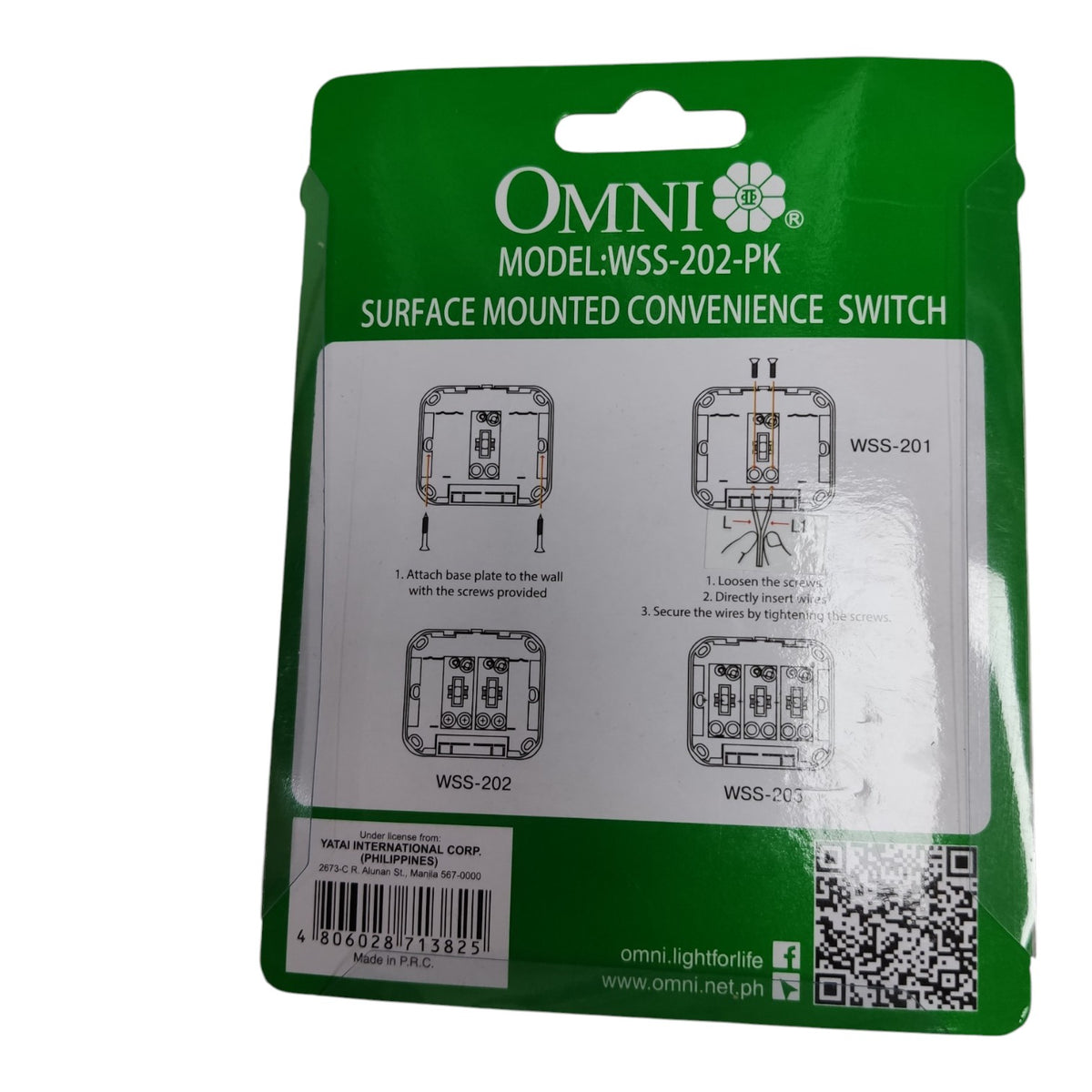 OMNI brand surface mounted convenience switch in its original green retail packaging, showing product diagrams and model WSS-202-PK.