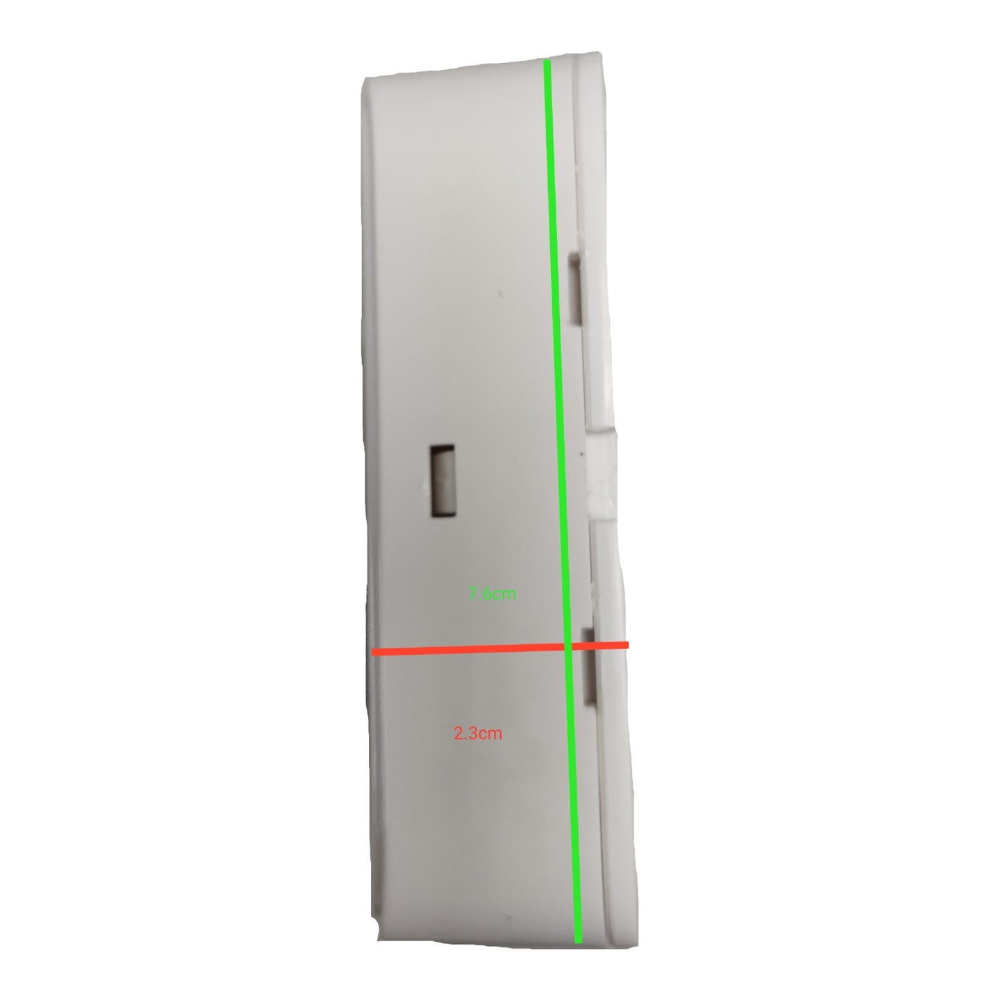 A white plastic wall switch shown from the side with green and red measurement lines and text indicating dimensions, on a plain white background.