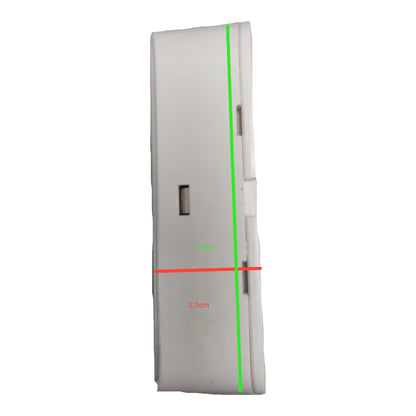 A white plastic wall switch shown from the side with green and red measurement lines and text indicating dimensions, on a plain white background.