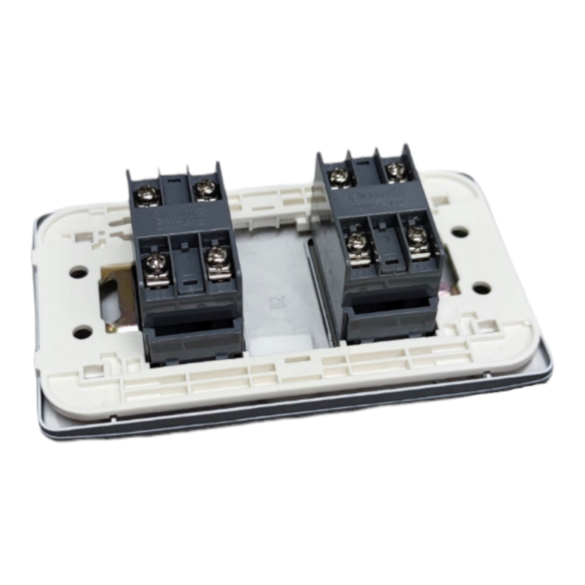 A dual-channel electronic module or terminal block assembly with two black terminal blocks mounted on a white plastic base plate, shown on a plain white background.