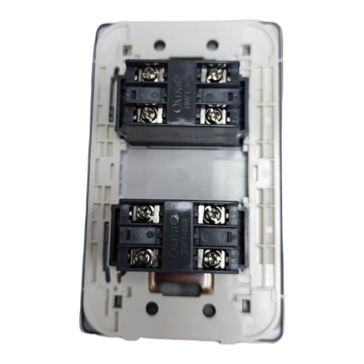 A dual-gang electrical switch socket backplate with two black terminal blocks, photographed against a plain white background.