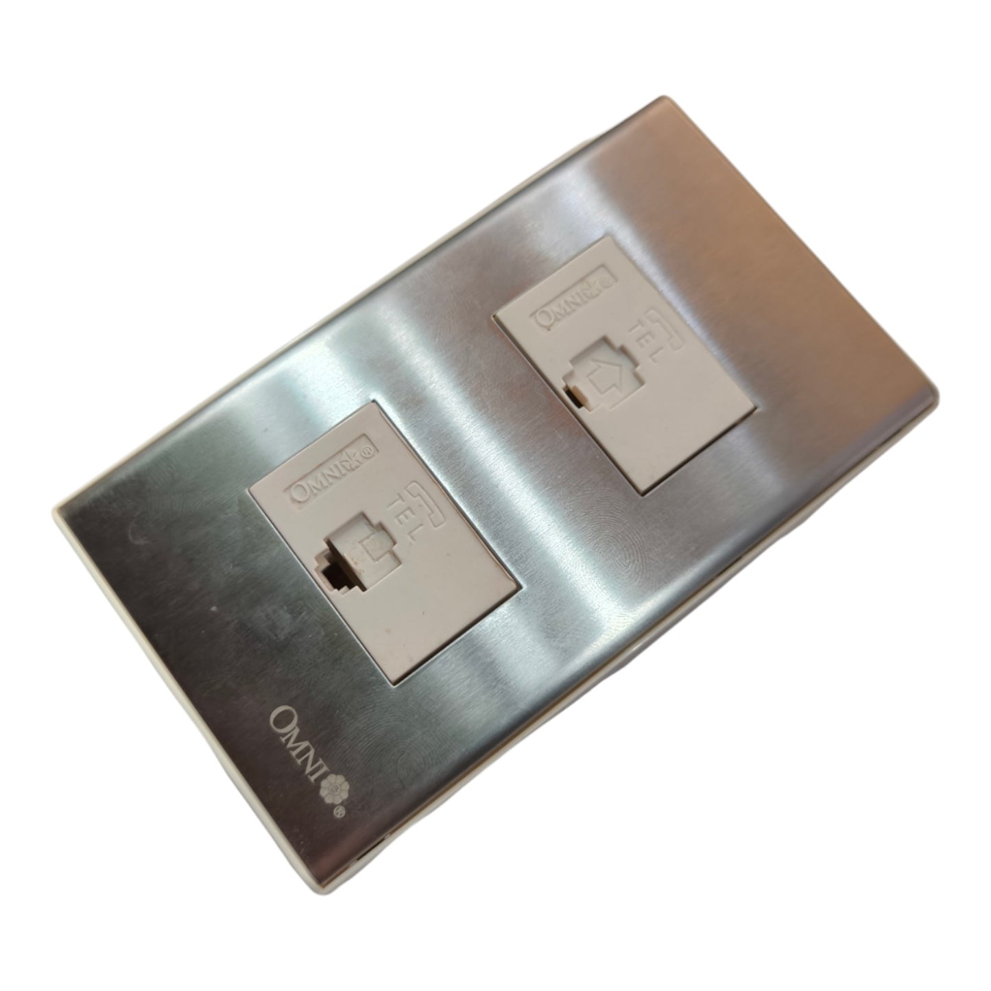 An Omni networking dual RJ45 Ethernet wall plate in brushed stainless steel with two beige modular ports, shown on a plain white background.