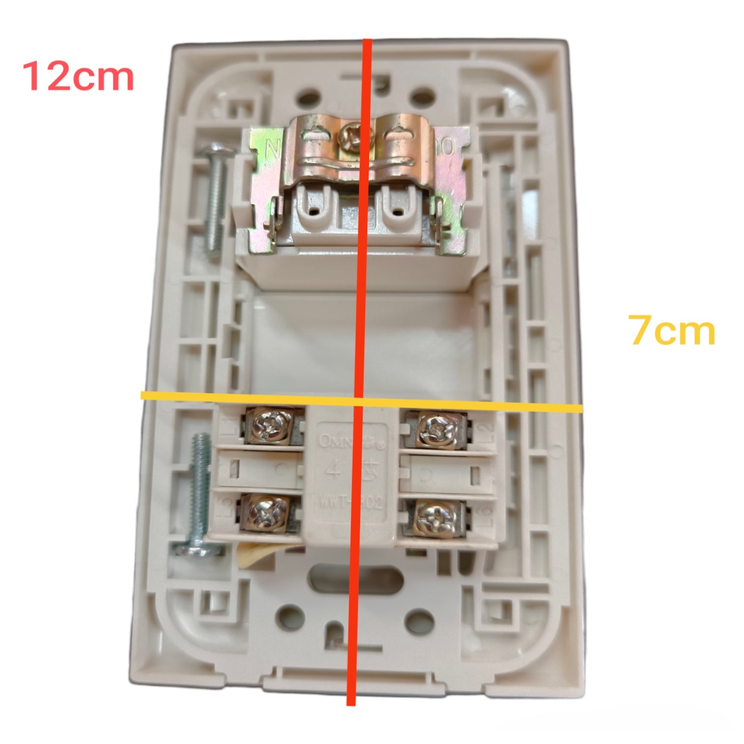 A beige plastic electrical wall switch socket backplate shown on a white background with overlaid dimension lines: a red vertical line labeled 12cm and a yellow horizontal line labeled 7cm.