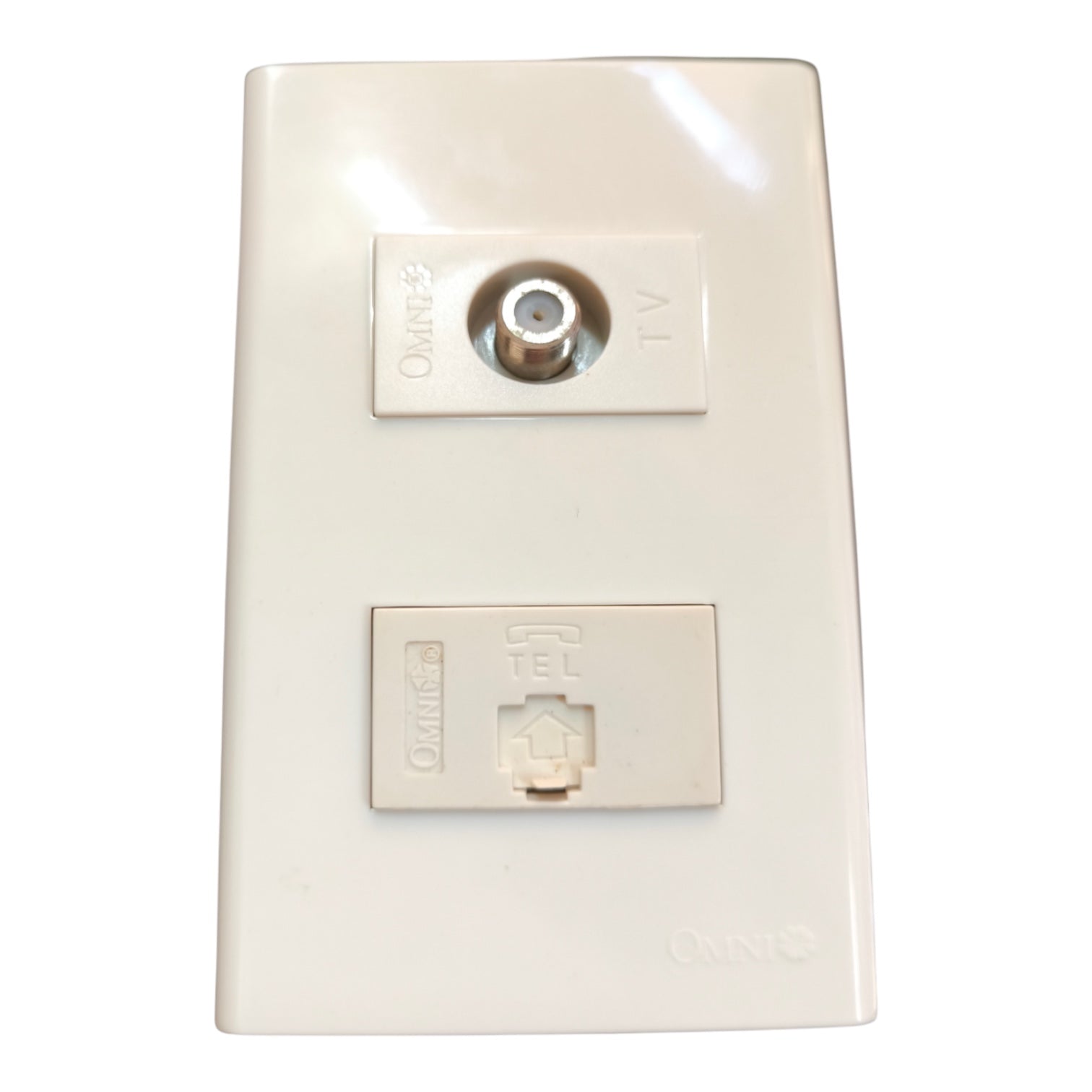 An off-white plastic wall outlet adapter with a TV antenna socket on top and a RJ45 Ethernet port on the bottom, branded with 'Omni' on both components.