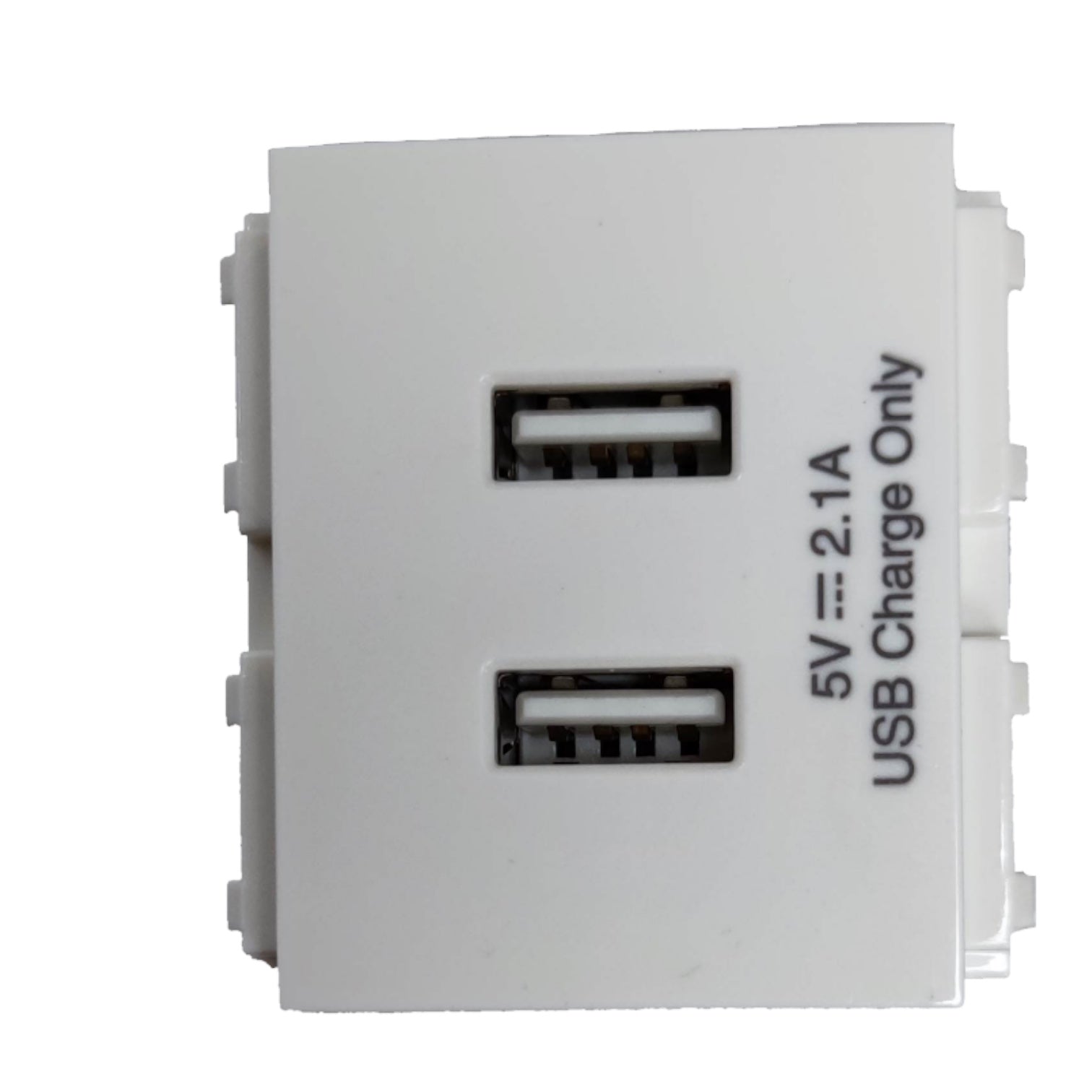 A white dual USB-A to USB-C adapter with two USB-A ports on the front, featuring black printed specifications '5V == 2.1A USB Charge Only' on the right side.