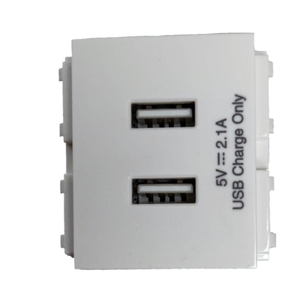 A white dual USB-A to USB-C adapter with two USB-A ports on the front, featuring black printed specifications '5V == 2.1A USB Charge Only' on the right side.