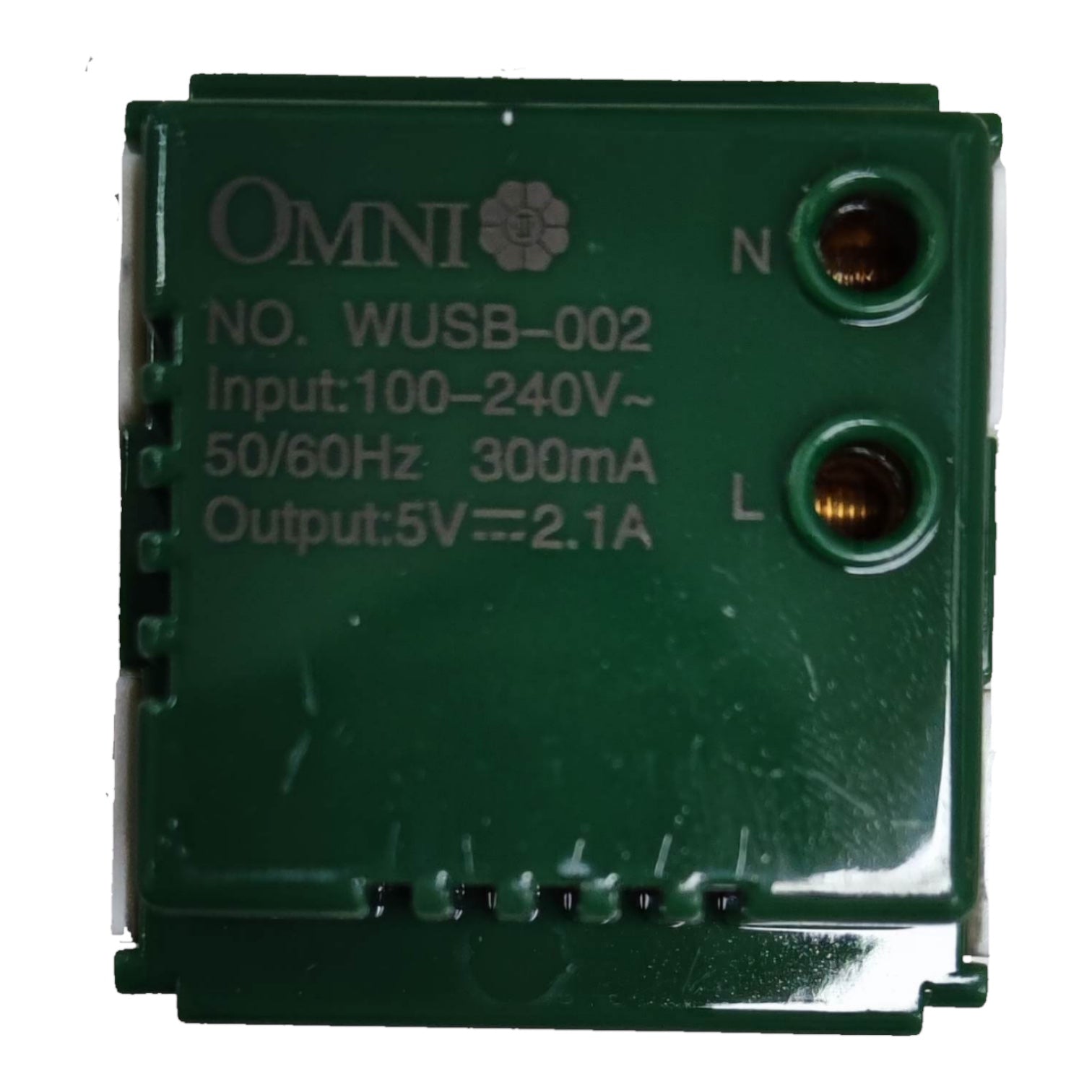 A dark green Omni brand electronic module with printed specifications and terminal labels N and L, shown against a plain white background.