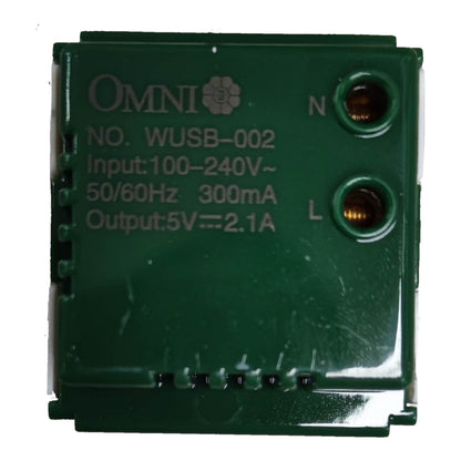 A dark green Omni brand electronic module with printed specifications and terminal labels N and L, shown against a plain white background.