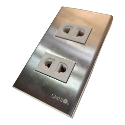 An Omni brand brushed stainless steel double outlet wall plate, shown at an angle on a white background.