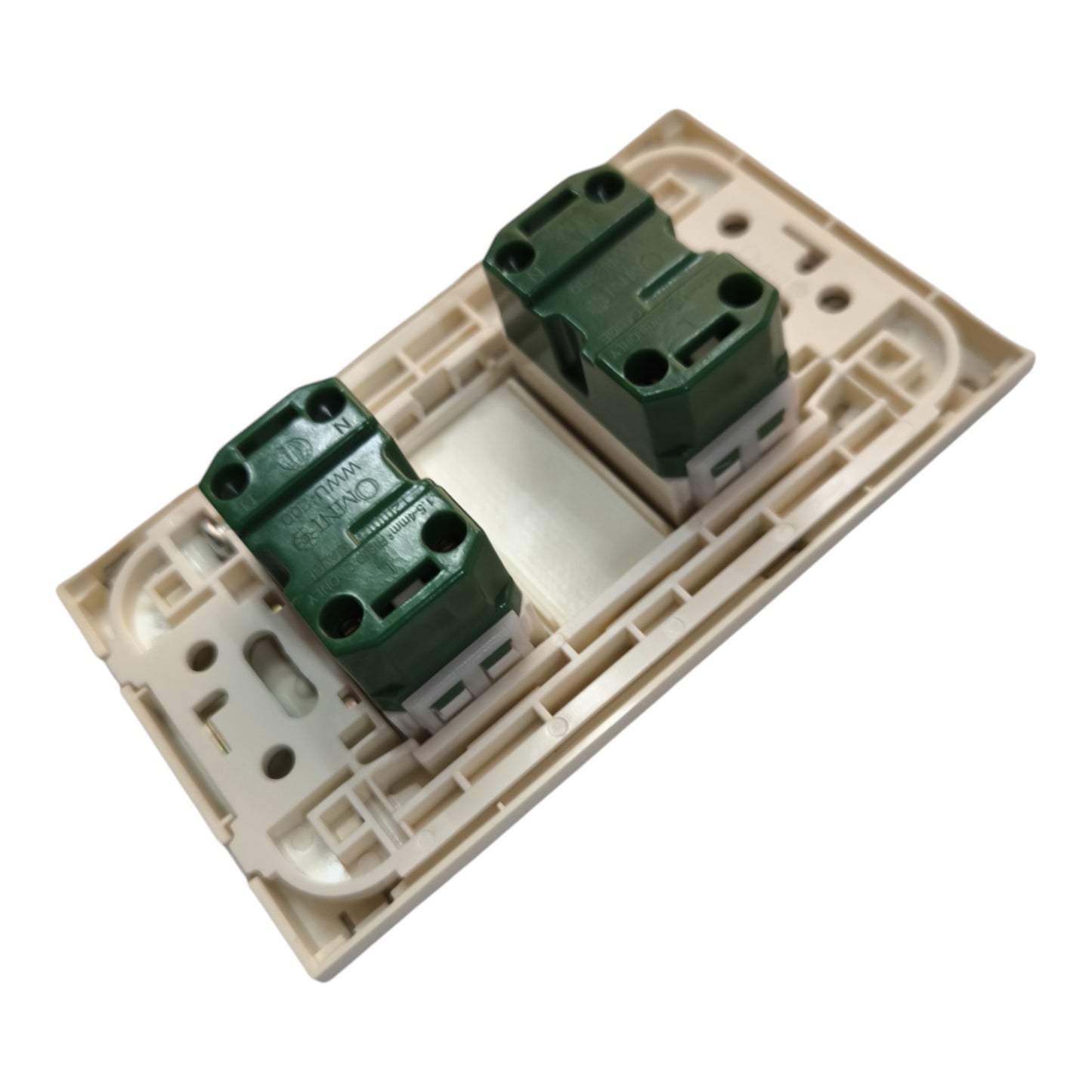 A replacement double-gang light switch module featuring a beige plastic backplate and two green terminal blocks, shown on a plain white background.