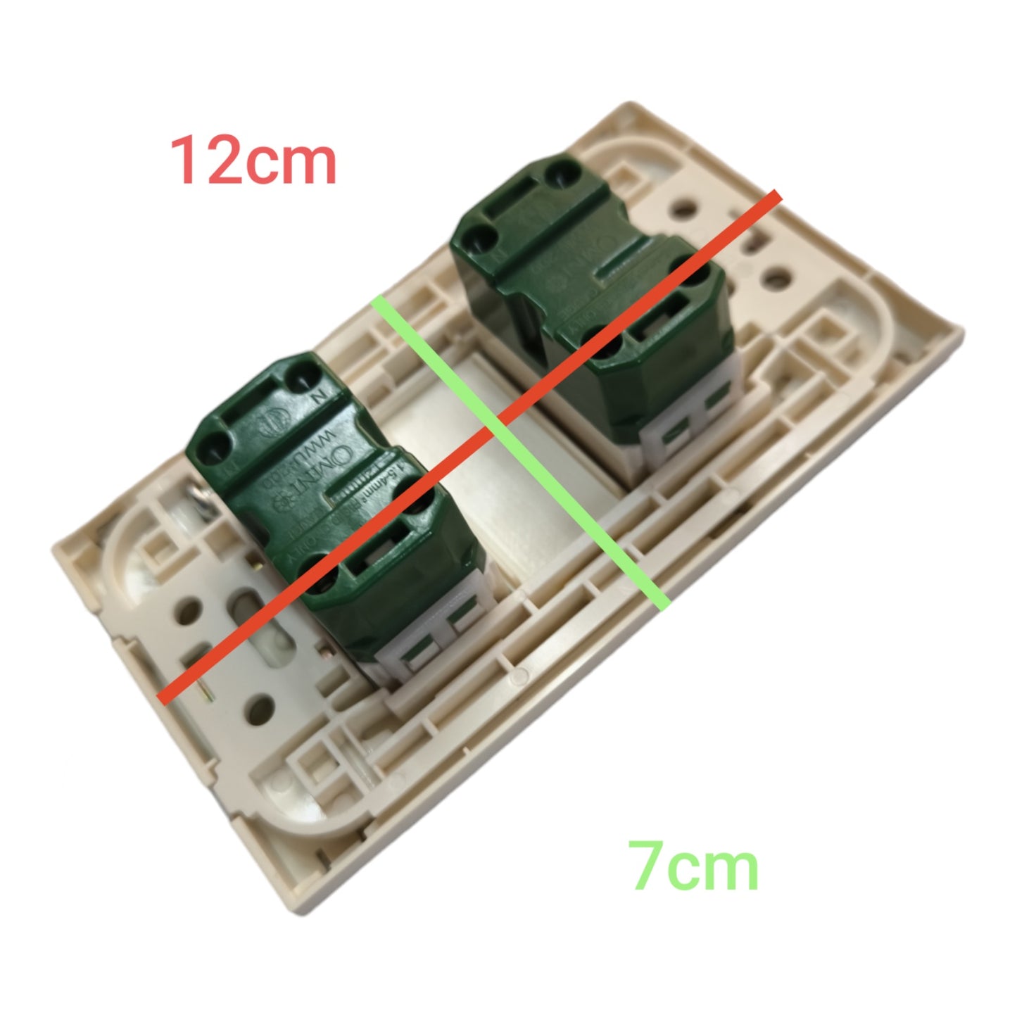 A dual-gang light switch baseplate shown on a white background with red and green measurement lines and text indicating dimensions of 12cm and 7cm.