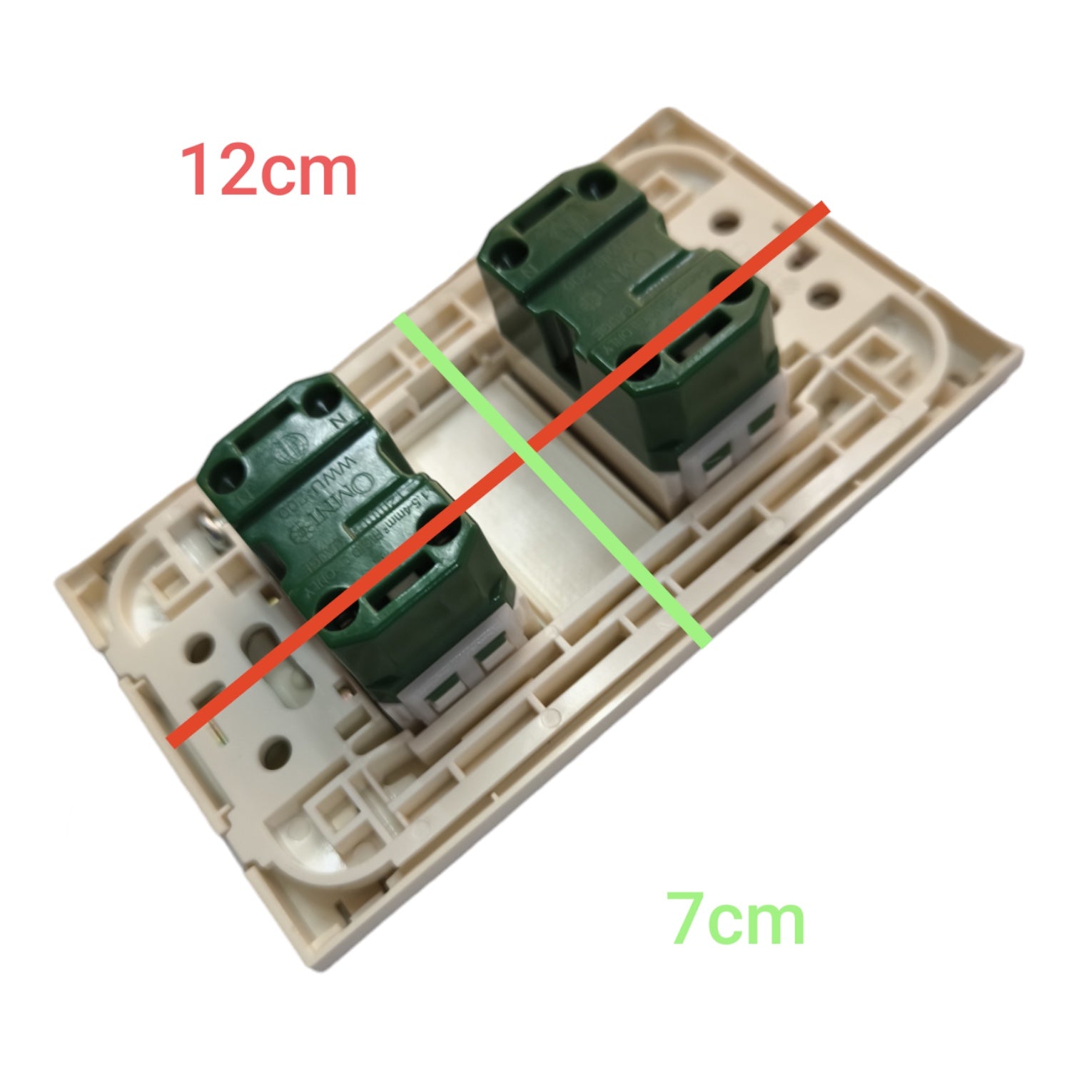 A dual-gang light switch baseplate shown on a white background with red and green measurement lines and text indicating dimensions of 12cm and 7cm.