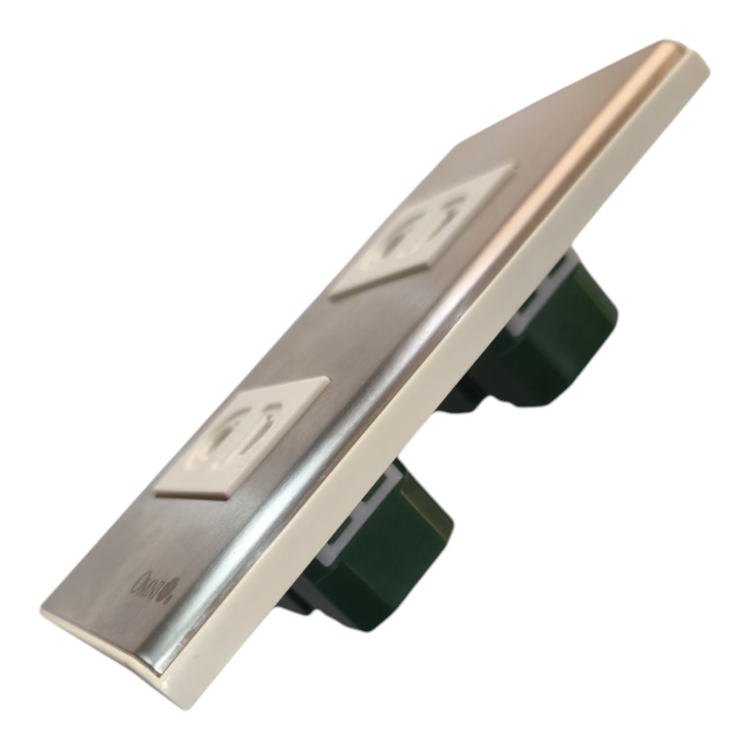 A modern wall switch plate featuring two single-toggle switches with a brushed silver metal faceplate and dark green backplates, shown on a plain white background.