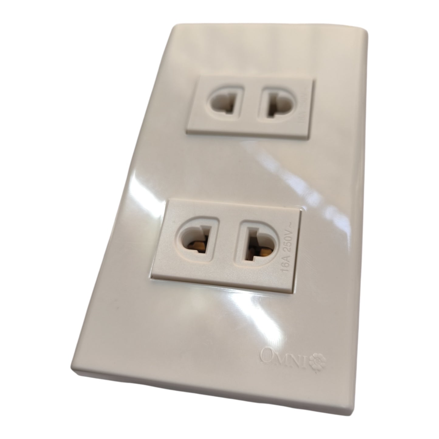 An off-white plastic double outlet electrical wall plate with two standard US outlets, featuring a glossy finish and the ONN brand logo embossed near the bottom right corner.
