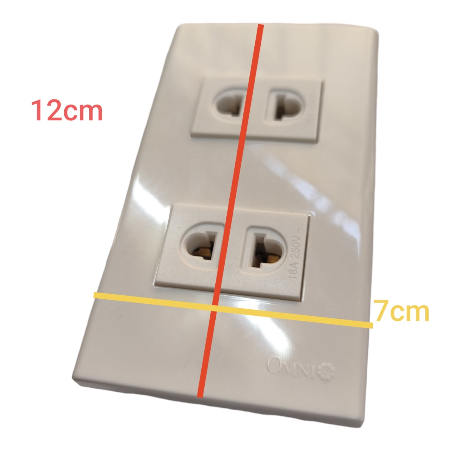 A white double electrical outlet faceplate shown on a white background with red and yellow dimension lines and text indicating 12cm height and 7cm width.
